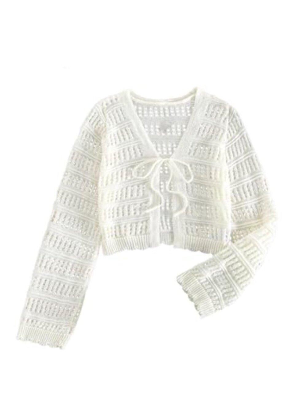 Women's Crochet Knit Cardigan Tie Front V-Neck Long Sleeve